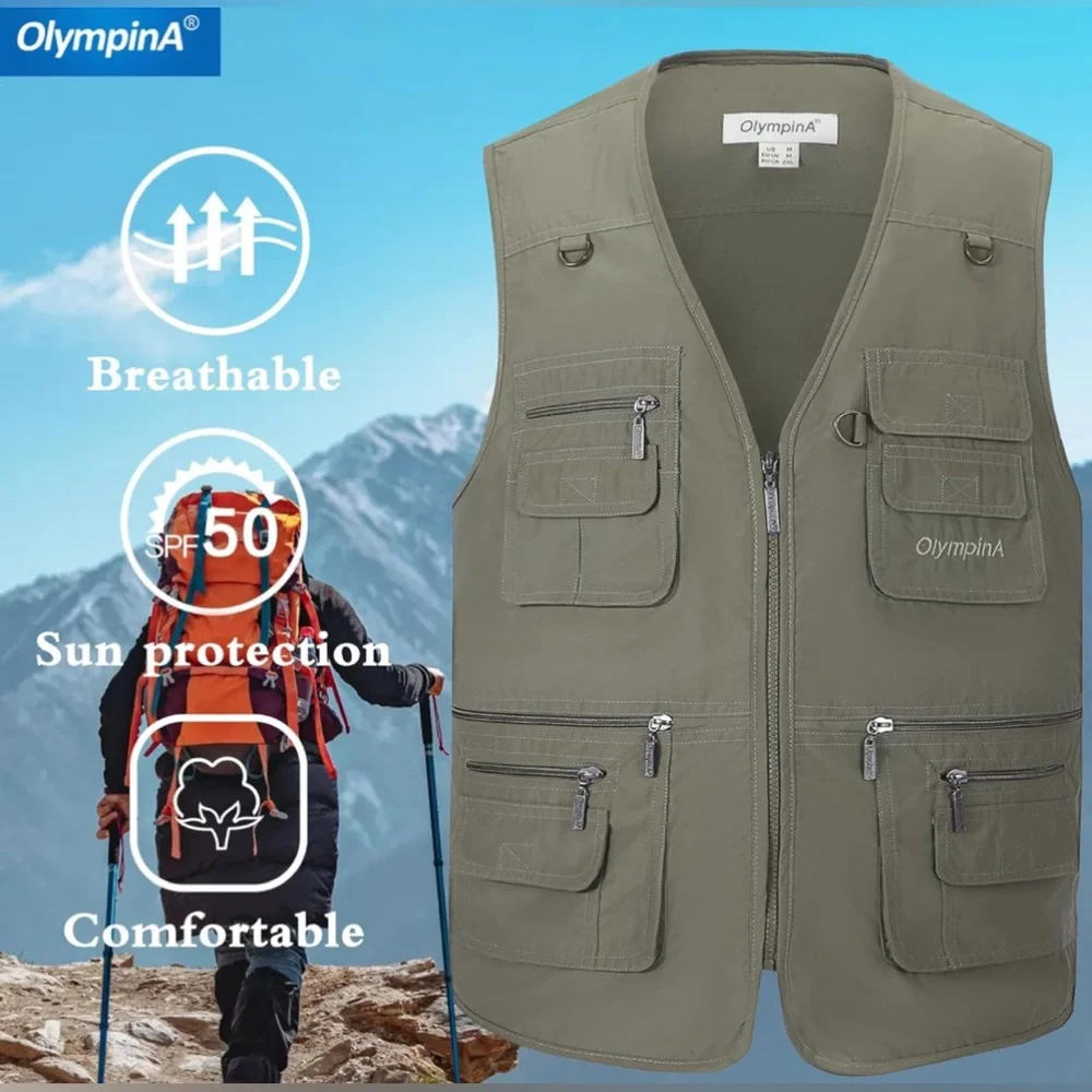 Olympina Men's Multiple Pockets Outdoor Fishing Travel Safari Vest Jacket
